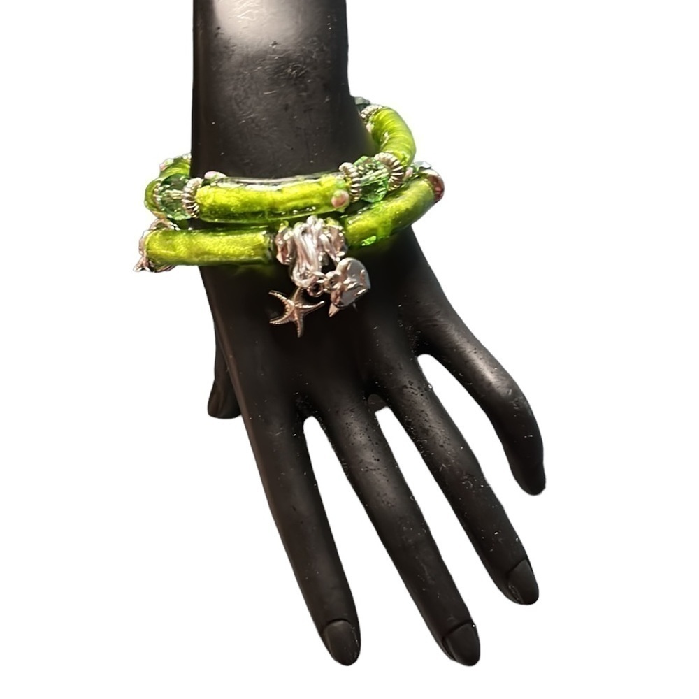 Green Glass Bead Tube and Crystal Stretch Bracelets Set of 2